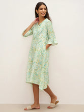 Load image into Gallery viewer, 100% Linen A-Line Ruffled Collar Tie-Neck Midi Dress LIVIA