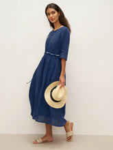 Load image into Gallery viewer, 100% Linen Petal-Waist Drawstring Midi Dress JASMINE