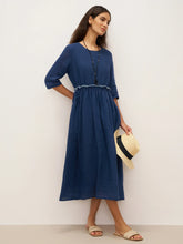 Load image into Gallery viewer, 100% Linen Petal-Waist Drawstring Midi Dress JASMINE