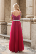Load image into Gallery viewer, Crystal Beaded Off-shoulder Ruby Red Japanese A-line Soft Tulle Prom Dress