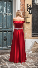 Load image into Gallery viewer, Off-shoulder Ruby Red A-line Japanese Soft Satin Prom Dress with Crystal Beaded Sash