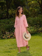 Load image into Gallery viewer, 100% Linen Loose Fit Button Waist Gathered Maxi Dress LUNA