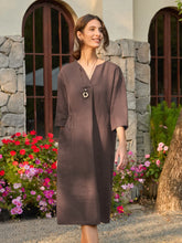 Load image into Gallery viewer, 100% Linen V-neck Bell Pocket Midi Dress EVELINA