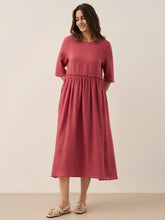 Load image into Gallery viewer, 100% Linen Petal-Waist Drawstring Midi Dress JASMINE
