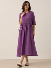 Load image into Gallery viewer, 100% Linen Petal-Waist Drawstring Midi Dress JASMINE