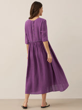 Load image into Gallery viewer, 100% Linen Petal-Waist Drawstring Midi Dress JASMINE