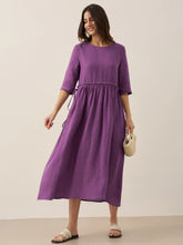 Load image into Gallery viewer, 100% Linen Petal-Waist Drawstring Midi Dress JASMINE