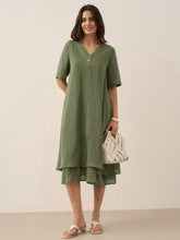 Load image into Gallery viewer, 100% Linen V-Neck Double-Layer Midi Dress JAYDA