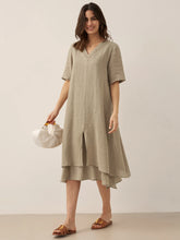 Load image into Gallery viewer, 100% Linen V-Neck Double-Layer Midi Dress JAYDA