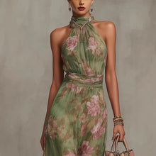 Load image into Gallery viewer, Green Graffiti Print Mesh Suspender Maxi Dress – High-Waist Irregular Slit Streetwear Dress