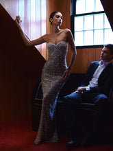 Load image into Gallery viewer, Noelle Silver Sequin Pearl-Embellished Sweetheart Maxi Dress