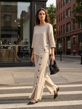 Load image into Gallery viewer, 100% Linen Asymmetric-Hem Button-Trim Top NYLA