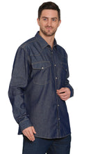 Load image into Gallery viewer, Mens Western Snap Front Button Shirt in Denim and Twill with a Stitched Yoke and Chest Pockets