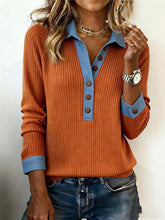 Load image into Gallery viewer, Contrast Color Button-Detail Pullover Knit Top – Women’s Elegant Commuter