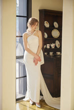 Load image into Gallery viewer, Pearl Strap Halter Satin Wedding Dress with Dramatic Back Bow and Train