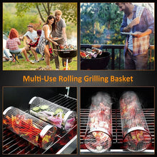 Load image into Gallery viewer, 20cm/30cm BBQ Basket Stainless Cylindrical Rolling Grilling Baskets Portable Barbecue Rack For Grill For Fish Shrimp Meat Fries BBQ Grill Basket Rolling Grilling Basket Stainless Steel Grill Mesh Barbeque Grill Accessories