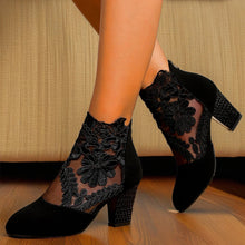 Load image into Gallery viewer, Lace-Embroidered Mesh Chunky-Heel Ankle Boots | Black & White EU 35–43