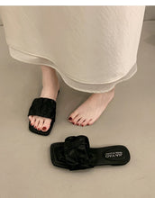 Load image into Gallery viewer, Minimalist Pleated Flat Slide Sandals – Square Toe Faux Leather