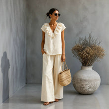 Load image into Gallery viewer, Women's V-Neck Ruffled Hem Top & Wide-Leg Pants Two-Piece Set