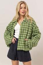 Load image into Gallery viewer, Cute Green Tweed Plaid Button Up Collared Neck Jacket Classic & Elegant Layering Piece Everyday Jacket