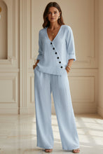 Load image into Gallery viewer, Women's V-Neck Diagonal Button Placket Cotton-Linen Shirt & Wide-Leg Pants Set