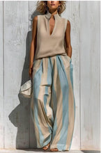 Load image into Gallery viewer, Women's Textured Knit V-Notch Stand Collar Tank & Striped Wide-Leg Palazzo Pants Set
