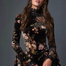 Load image into Gallery viewer, Vintage Floral Print Lace Spliced Flared Sleeve Fitted Mini Dress