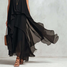 Load image into Gallery viewer, Asymmetrical Ruffle Mesh Chiffon Sleeveless Maxi Dress – Black, XS–XXL