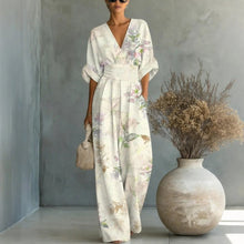 Load image into Gallery viewer, Women's Waist-Cinched V-Neck Printed Wide-Leg Jumpsuit