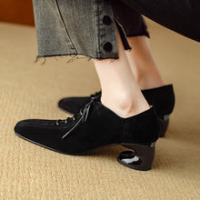 Load image into Gallery viewer, Women's Retro Sheepskin Square Toe Chunky Heel Pumps – Lace-Up Mid Heel