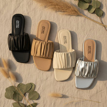 Load image into Gallery viewer, Minimalist Pleated Flat Slide Sandals – Square Toe Faux Leather