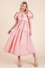 Load image into Gallery viewer, Ruffle Trim Puff Sleeve Tiered Babydoll Midi Dress – Fluttering, Sweet, Elegant, Feminine, and Trendy Babydoll Midi Dress with Ruffle Trim and Puff Sleeves