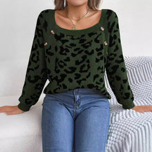 Load image into Gallery viewer, Casual Square Collar Button Contrast Color Leopard Print Long Sleeve Sweater
