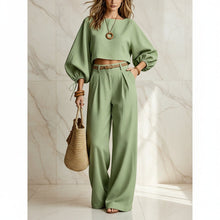 Load image into Gallery viewer, Women's Balloon Puff Sleeve Tie-Cuff Crop Top & Pleated Wide-Leg Trousers Set