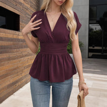 Load image into Gallery viewer, Women's V-Neck Fitted Waist Peplum Top – Ruched Waistband Cap Sleeve Pleated Hem Blouse