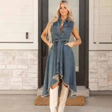 Load image into Gallery viewer, Women's Sleeveless Denim Midi Dress – Irregular Hem Button-Front