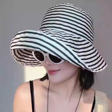 Load image into Gallery viewer, Women's Wide-Brim Striped Sun Hat – UV Protection & Adjustable Fit