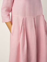 Load image into Gallery viewer, 100% Linen Crescent Neck Decorative Button Waist Pleated Maxi Dress GWENYTH