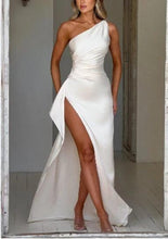 Load image into Gallery viewer, Sexy One-shoulder Backless Slit Dress Summer Elegant Slim-fit Solid Color Satin Dresses For Women