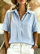 Load image into Gallery viewer, Women's Striped Short-Sleeve Shirt with Turn-Down Collar