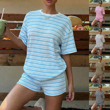 Load image into Gallery viewer, Women's Crew-Neck Spliced Short-Sleeve T-Shirt & Shorts Set
