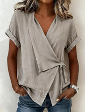 Load image into Gallery viewer, Women's Casual Lapel Collar Lace-Up Short-Sleeve Linen Top