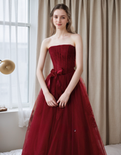 Load image into Gallery viewer, Elegant Strapless Burgundy Tulle Ball Gown with Corset Back and Ribbon Tie