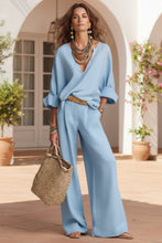 Load image into Gallery viewer, Women's Linen-Style Two-Piece Set – V-Neck Top & Wide-Leg Pants