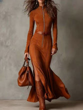 Load image into Gallery viewer, Women's Suede Velvet Zip-Front Fishtail Maxi Dress – Long Sleeve High Waist Mermaid Hem