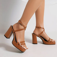 Load image into Gallery viewer, Square-Toe Buckle Strap High Heels – Elegant Thin-Strap Summer Block Heels