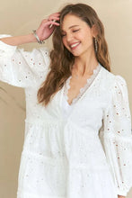 Load image into Gallery viewer, Lace Detail Tiered Eyelet V-Neck Babydoll Dress For Women – Feminine Boho Chic Dress, Fluttering, Elegant Lace & Eyelet