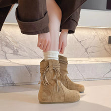 Load image into Gallery viewer, Suede Fringe Round Toe Boots with Block Heel