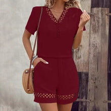 Load image into Gallery viewer, Boho Chic Lace Detail Outfit V-Neck Short Sleeve Summer Set