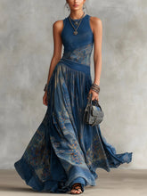 Load image into Gallery viewer, Women's Navy Blue Artistic Print Sleeveless Fitted Bodice Swing Maxi Dress